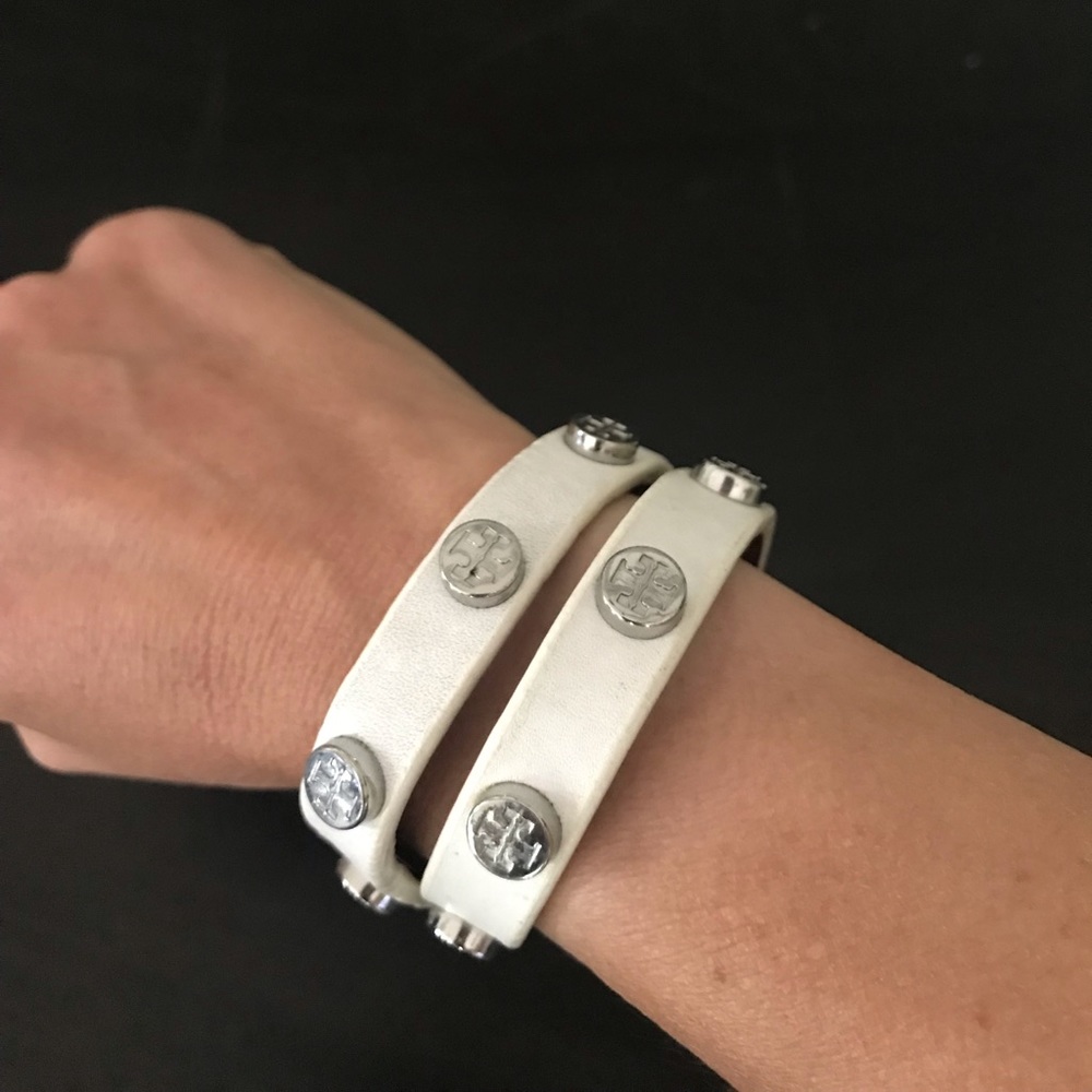 Tory Burch White Double Wrap Logo Stud Bracelet.
